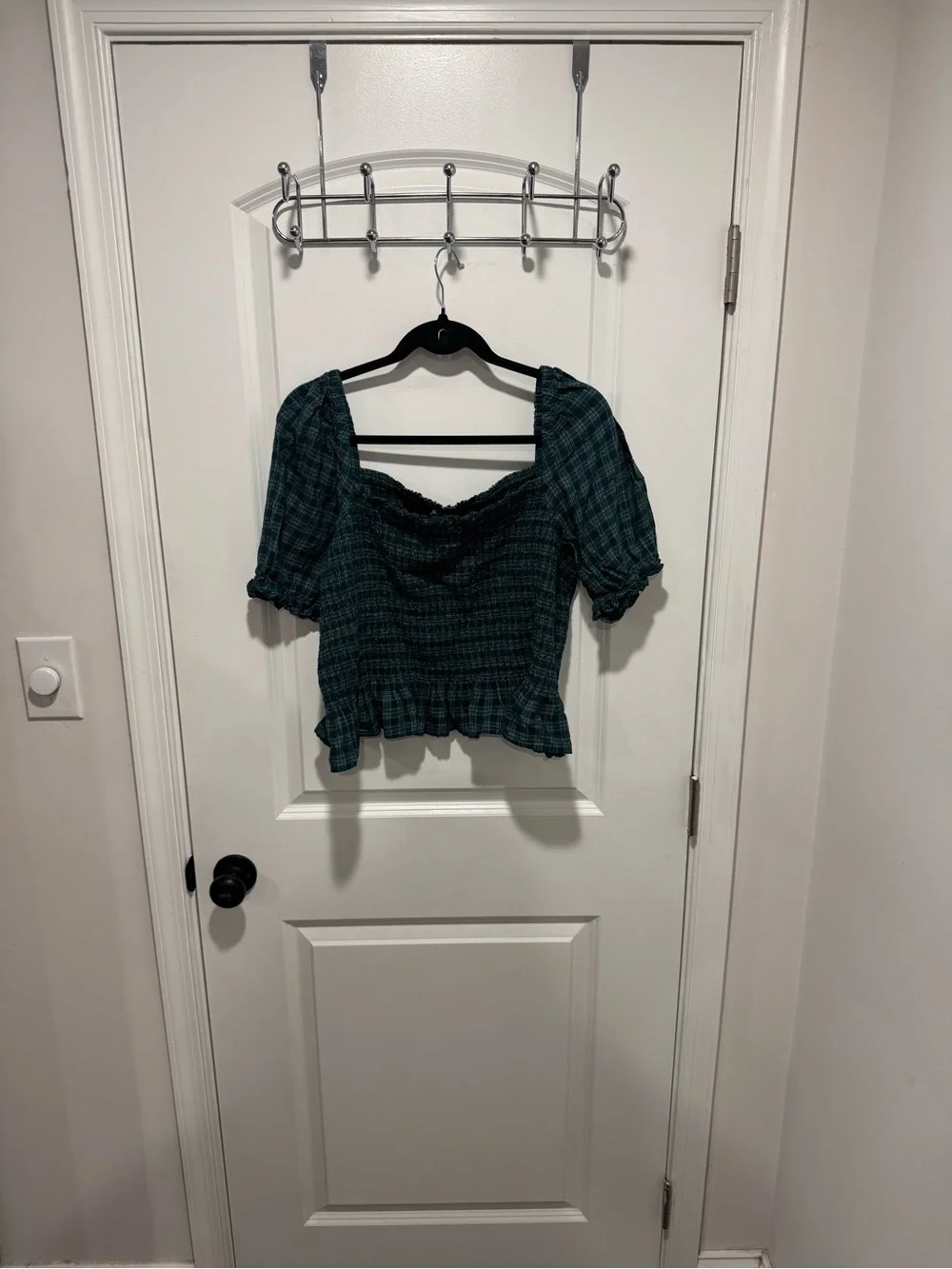 J. Crew Green Plaid Smocked Peplum Blouse